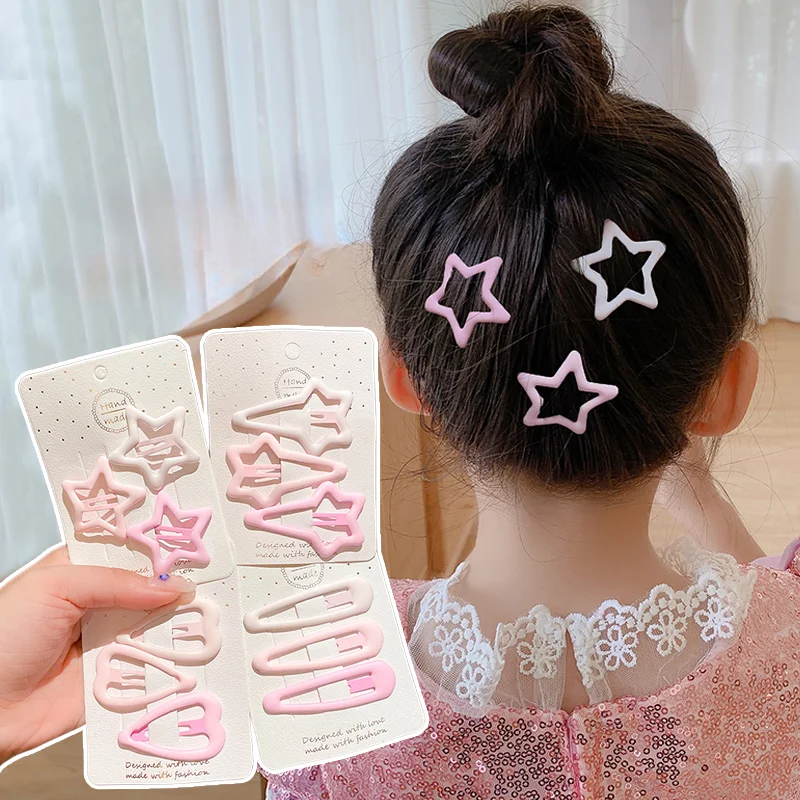 3/6 Pcs/Set New Girls Fashion Coffee Color Geometric Stars Ornament Pink Hair Clips Adult Sweet Hairpins Female Hair Accessories