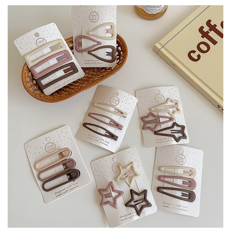 3/6 Pcs/Set New Girls Fashion Coffee Color Geometric Stars Ornament Pink Hair Clips Adult Sweet Hairpins Female Hair Accessories