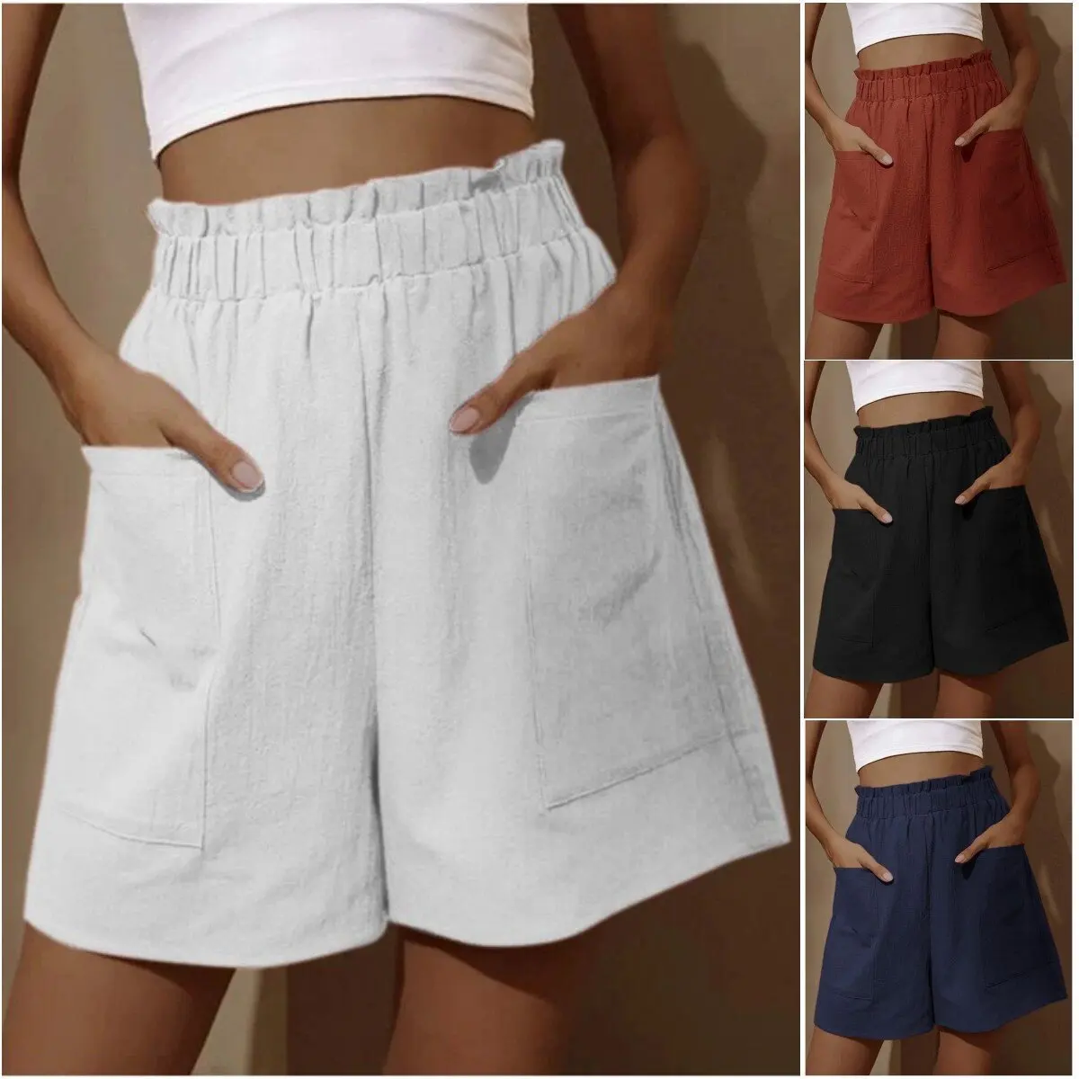 European and American Women's Cotton and Linen Flower Bud High Waist Shorts Fashionable Large Wide Leg Casual Shorts
