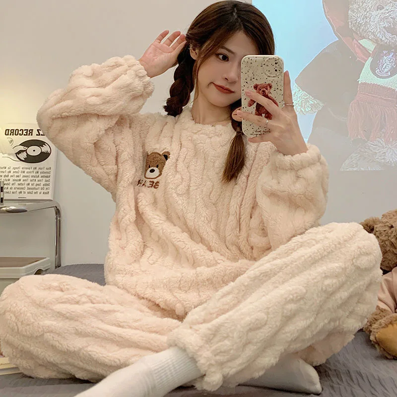 Fall and Winter Flannel Thick Warm Sleepwear Women's Long Sleeve with Fleece Home Clothes Ladies Striped Solid Color Pyjamas