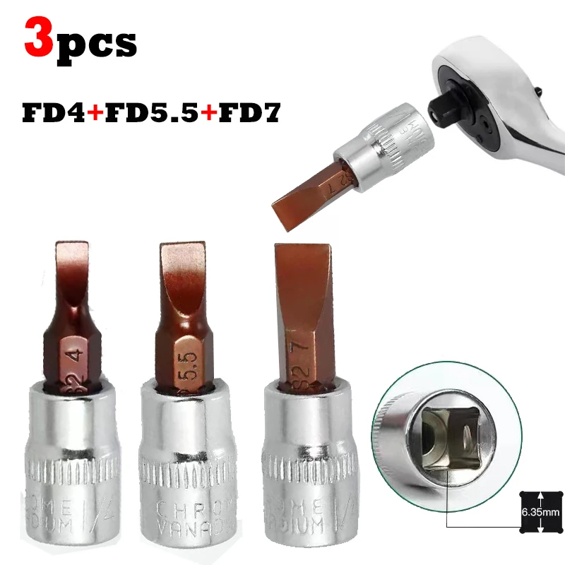 3pcs Flathead screwdriver 1/4-inch Drive Bit Socket FD4 FD5.5 FD7 Bit Socket Standard Metric S2 Steel Bits