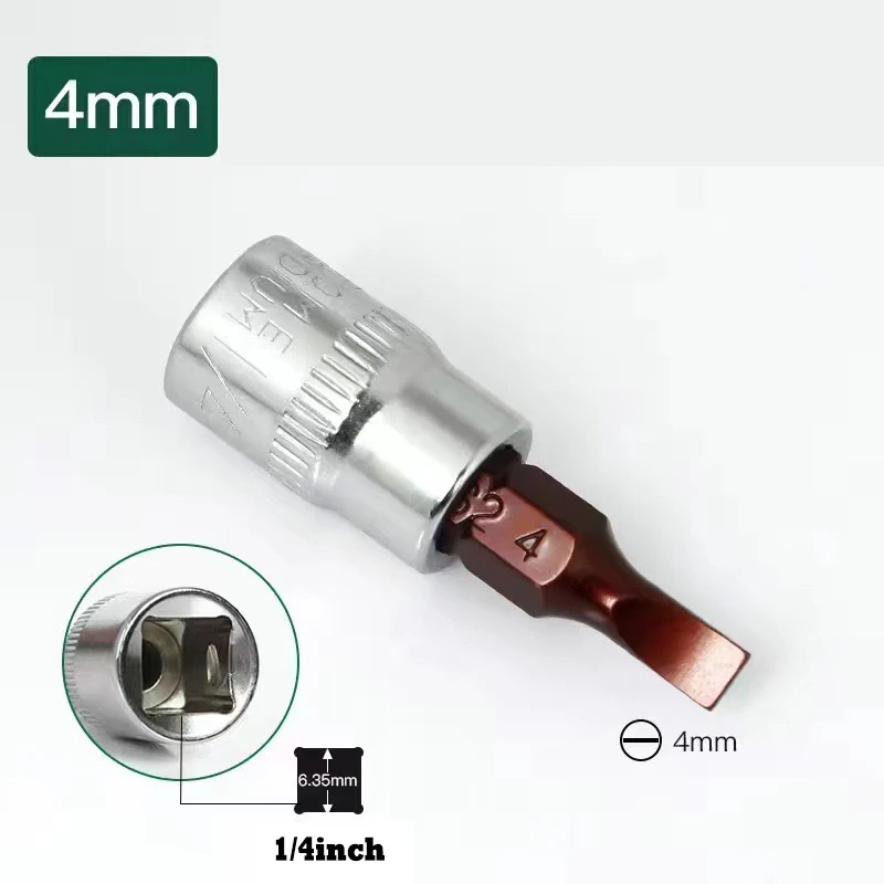 3pcs Flathead screwdriver 1/4-inch Drive Bit Socket FD4 FD5.5 FD7 Bit Socket Standard Metric S2 Steel Bits