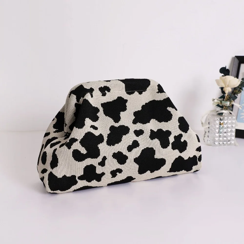 Trendy Cow Print Dot Handbag with High-End Color-Blocking Knitted Clip-On Design, Spacious and Versatile Fashion Tote.