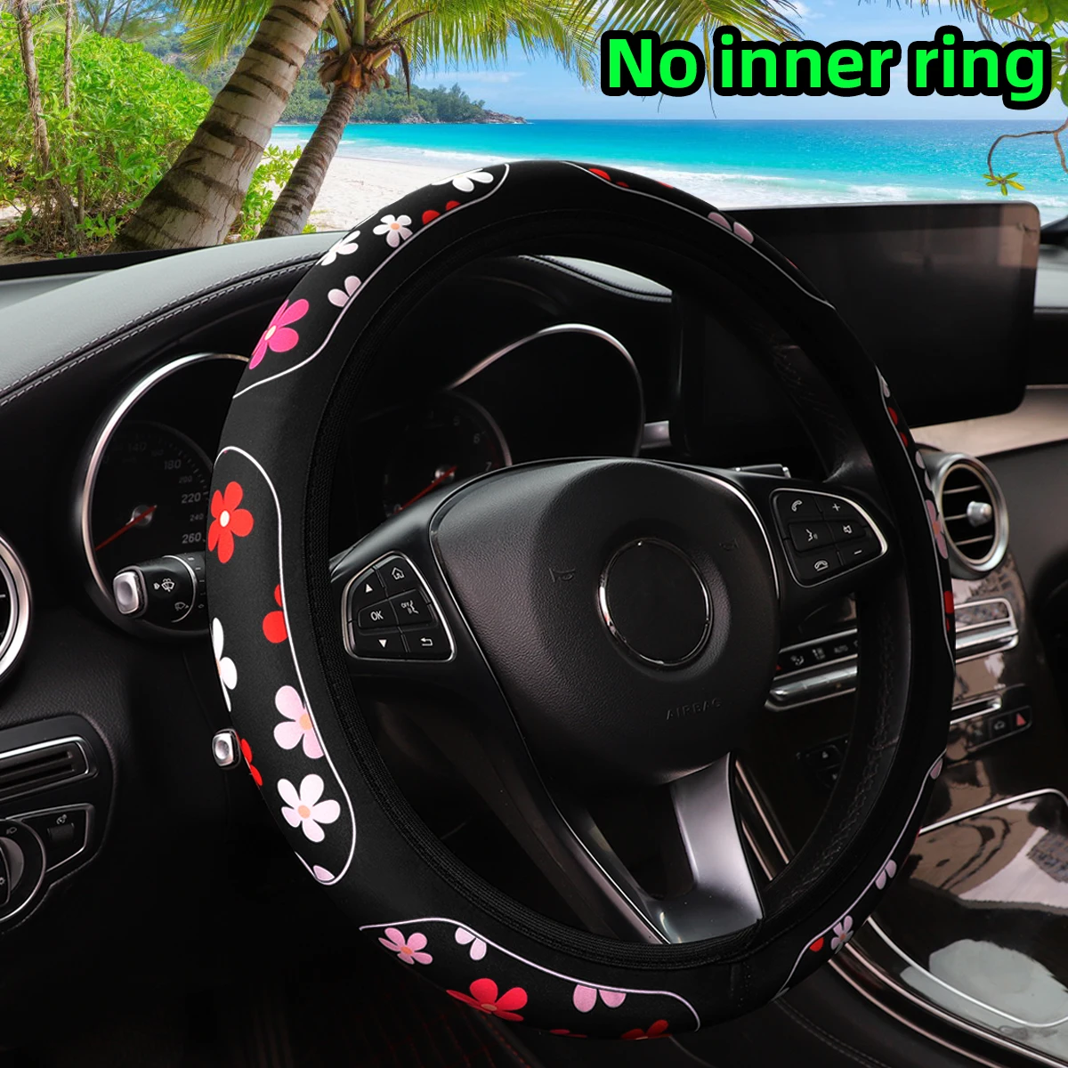 Cow Check-Patterned Sunflower Cherry Blossom Flower Fabric Print Car Without Inner Ring Steering Wheel Cover 38CM Women's