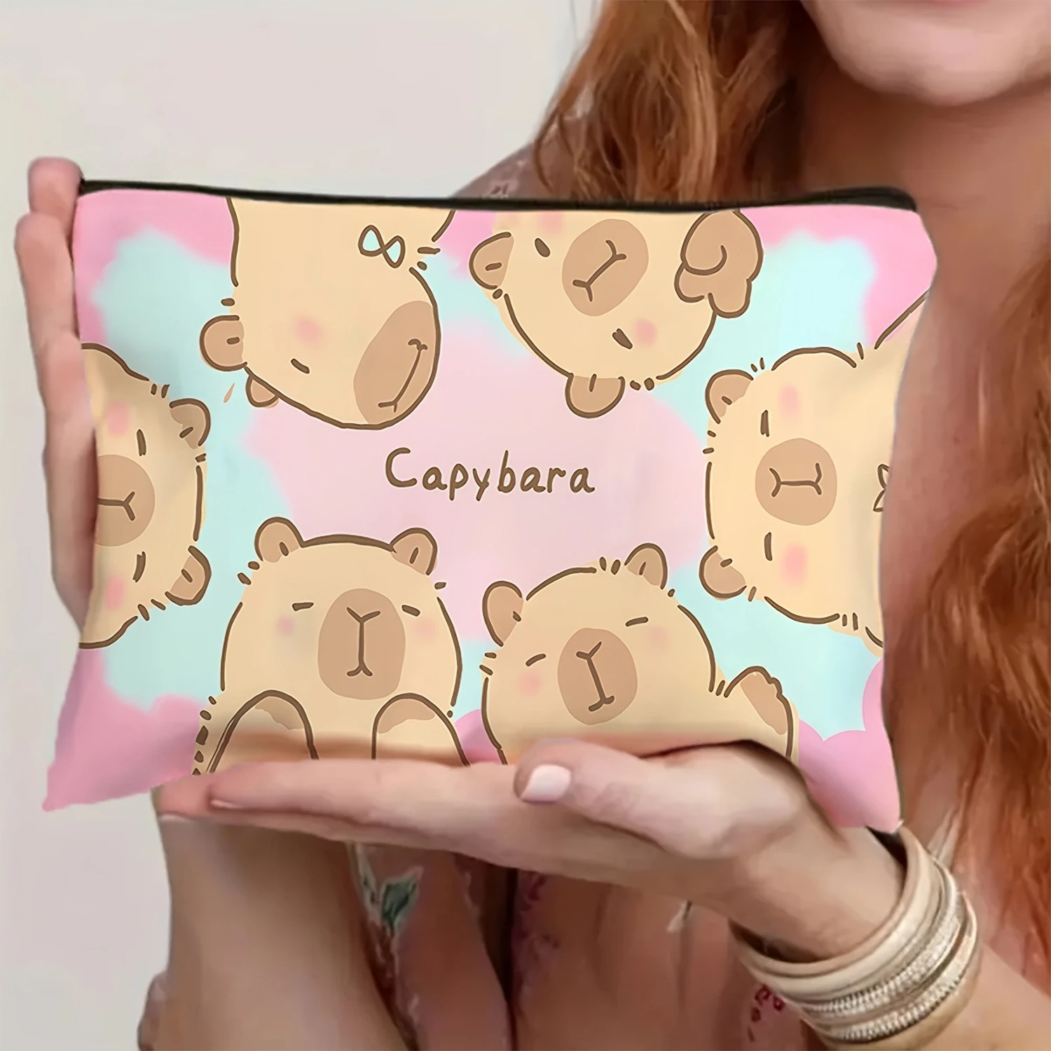 Cute Capybara Bag Print Makeup Bag Lightweight Double-Sided Zipper Pouch Cosmetics Makeup Case for Women Travel Camping Use