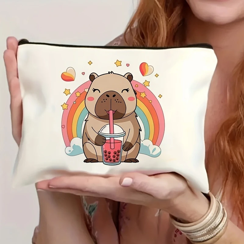 Cute Capybara Bag Print Makeup Bag Lightweight Double-Sided Zipper Pouch Cosmetics Makeup Case for Women Travel Camping Use