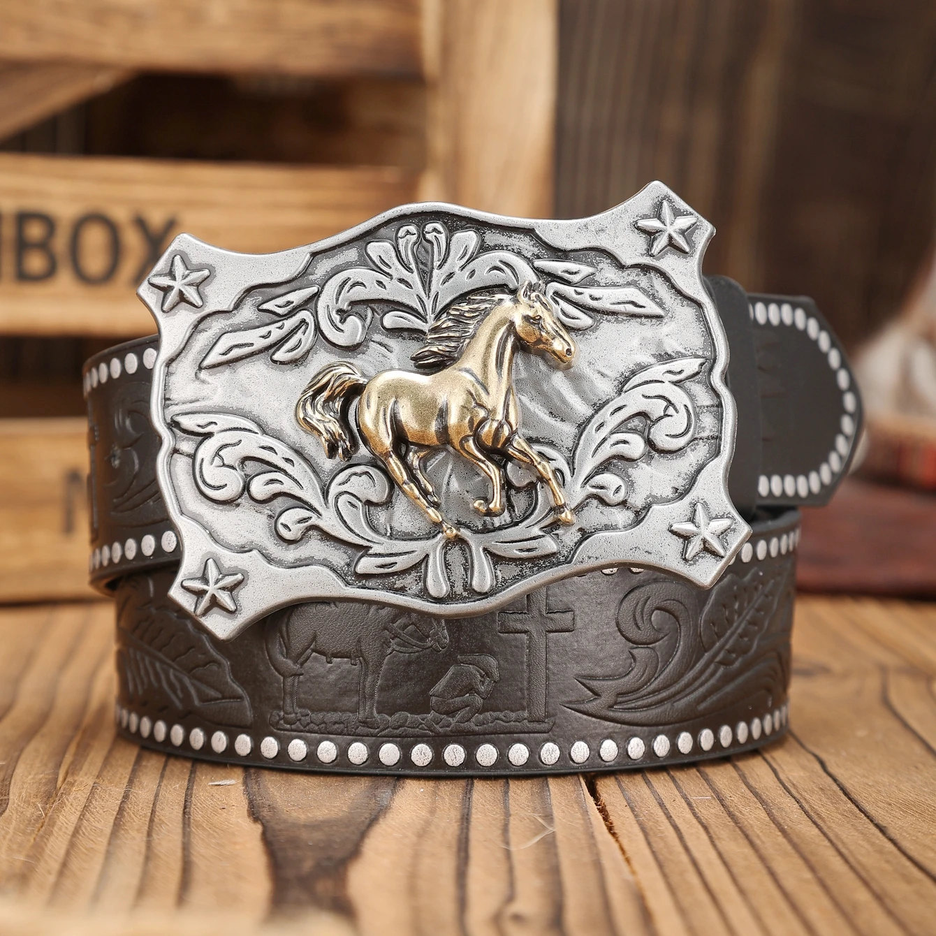 A Western-Buckle PU Belt Suitable for Both Men and Women, A Unique and Retro Brown Belt (With Perforated Nails Included)