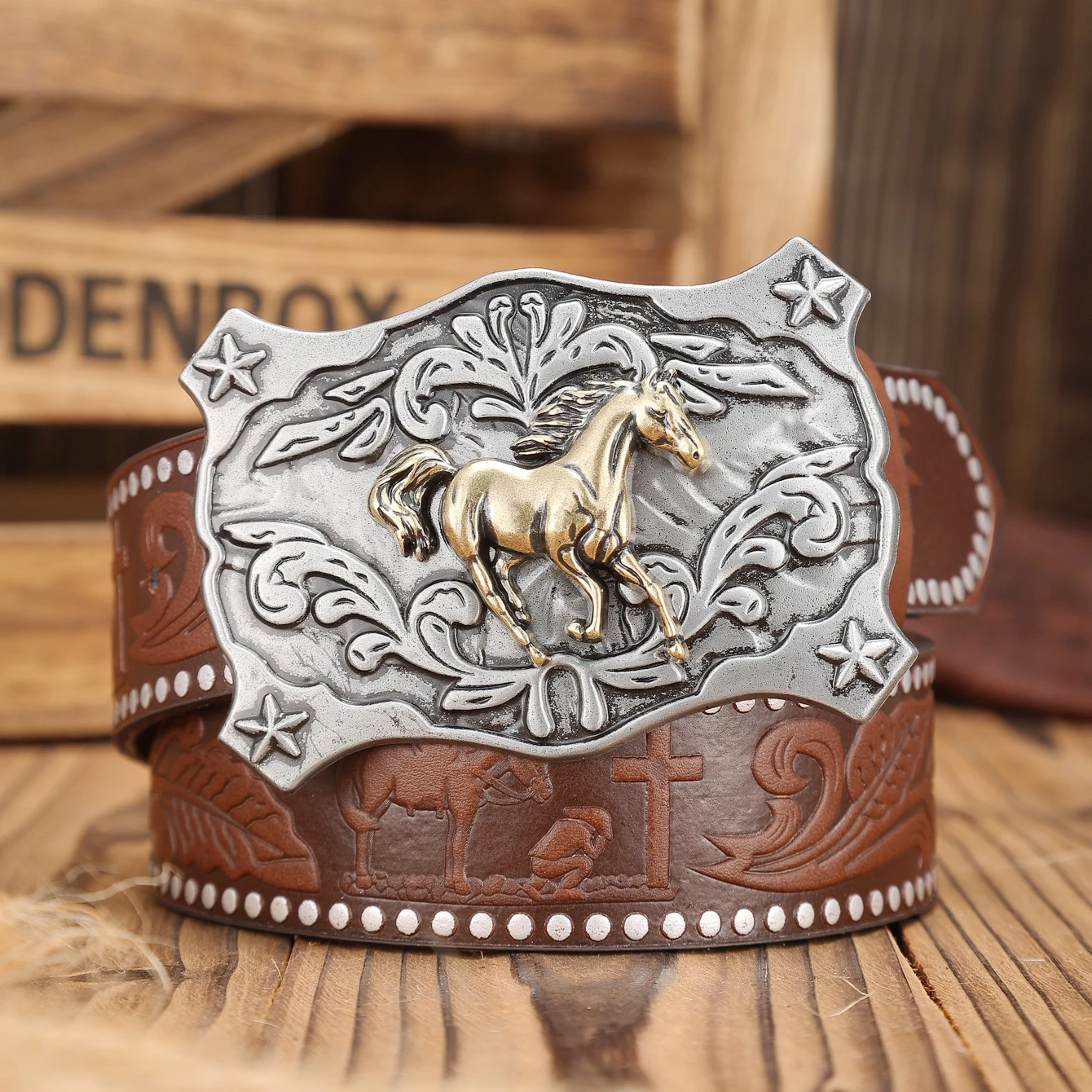 A Western-Buckle PU Belt Suitable for Both Men and Women, A Unique and Retro Brown Belt (With Perforated Nails Included)