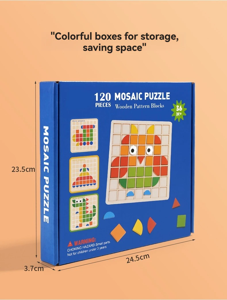 Wooden Montessori 120pcs PuzzleToys Mosaic Color Shapes Sensory Game Early Educational Toy Jigsaw Pattern Blocks for Toddler's