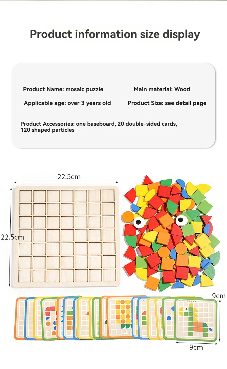 Wooden Montessori 120pcs PuzzleToys Mosaic Color Shapes Sensory Game Early Educational Toy Jigsaw Pattern Blocks for Toddler's