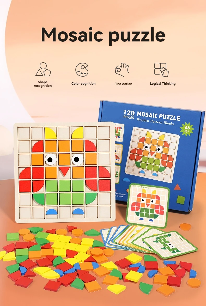 Wooden Montessori 120pcs PuzzleToys Mosaic Color Shapes Sensory Game Early Educational Toy Jigsaw Pattern Blocks for Toddler's