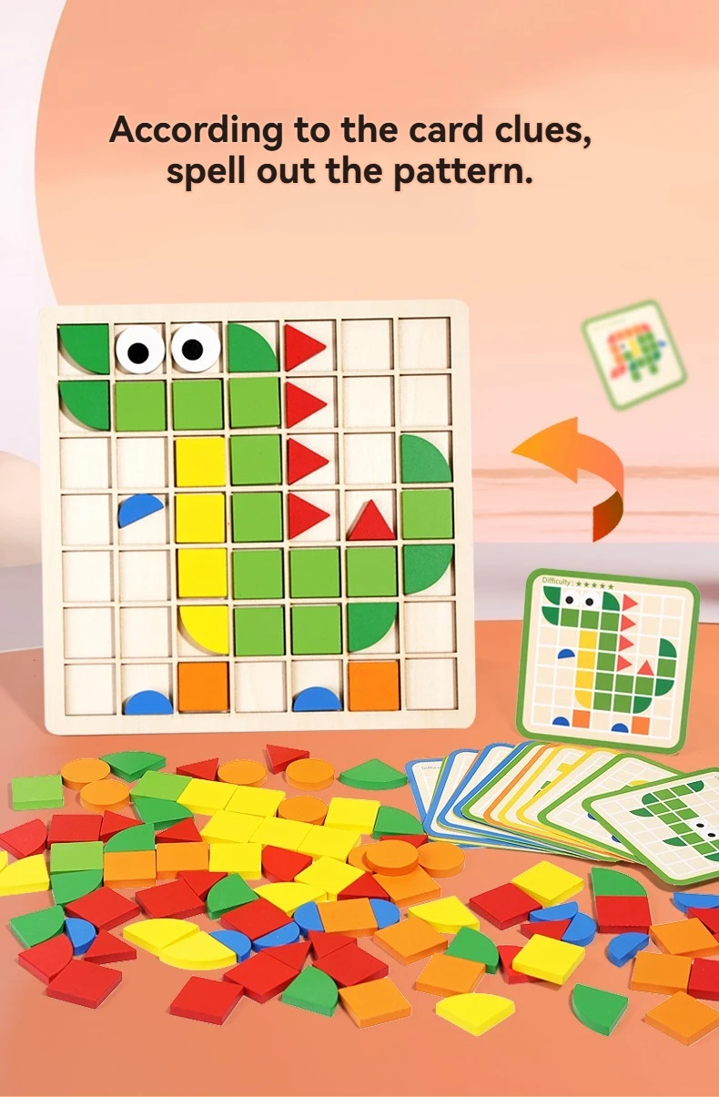 Wooden Montessori 120pcs PuzzleToys Mosaic Color Shapes Sensory Game Early Educational Toy Jigsaw Pattern Blocks for Toddler's