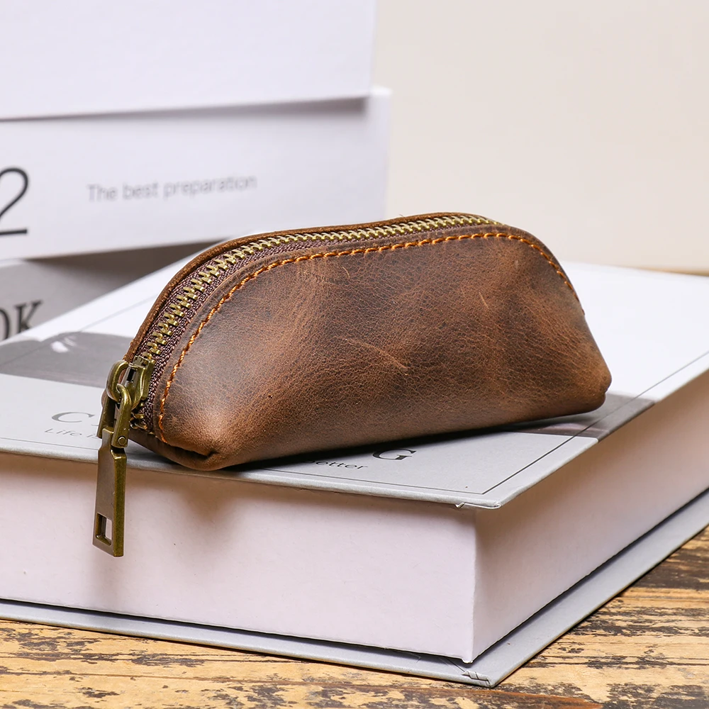 Crazy Horse Leather Coin Purse & Key Case, European-style Multifunctional Zipper Pouch, Top-Grain Cowhide, Unisex