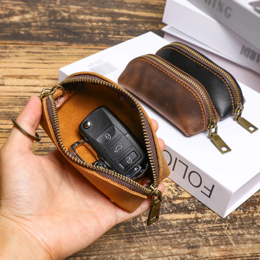 Crazy Horse Leather Coin Purse & Key Case, European-style Multifunctional Zipper Pouch, Top-Grain Cowhide, Unisex