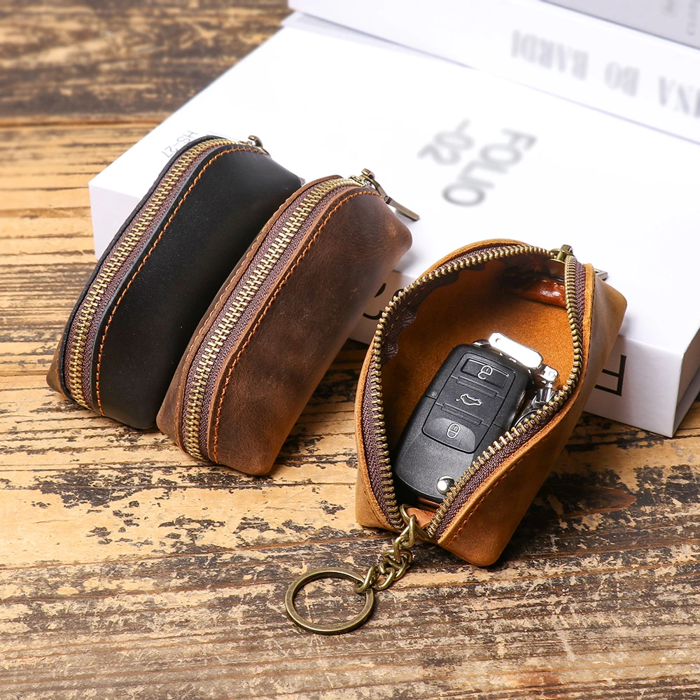 Crazy Horse Leather Coin Purse & Key Case, European-style Multifunctional Zipper Pouch, Top-Grain Cowhide, Unisex