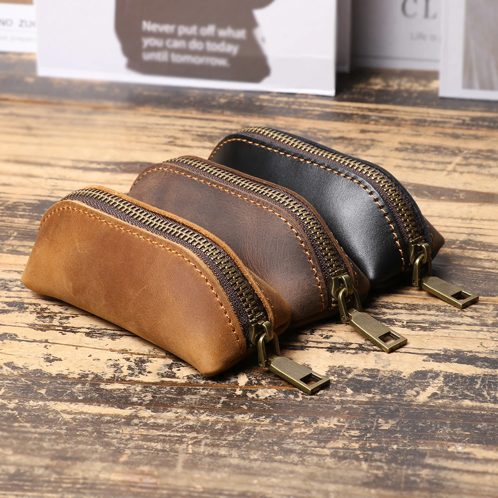 Crazy Horse Leather Coin Purse & Key Case, European-style Multifunctional Zipper Pouch, Top-Grain Cowhide, Unisex