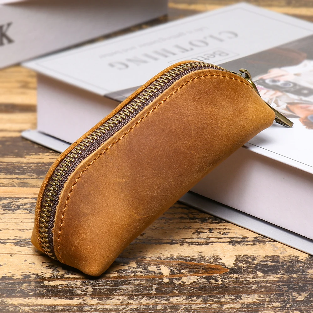 Crazy Horse Leather Coin Purse & Key Case, European-style Multifunctional Zipper Pouch, Top-Grain Cowhide, Unisex