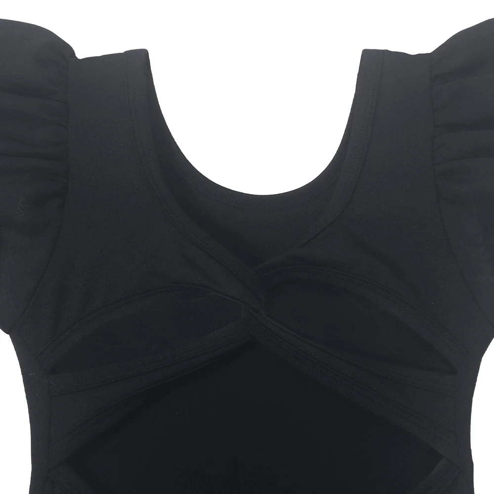 Girls Black Ballet Dance Leotards Ruffle Short Sleeve Gymnastics Outfits Hollow Back Tumbling Bodysuits Practice Costume