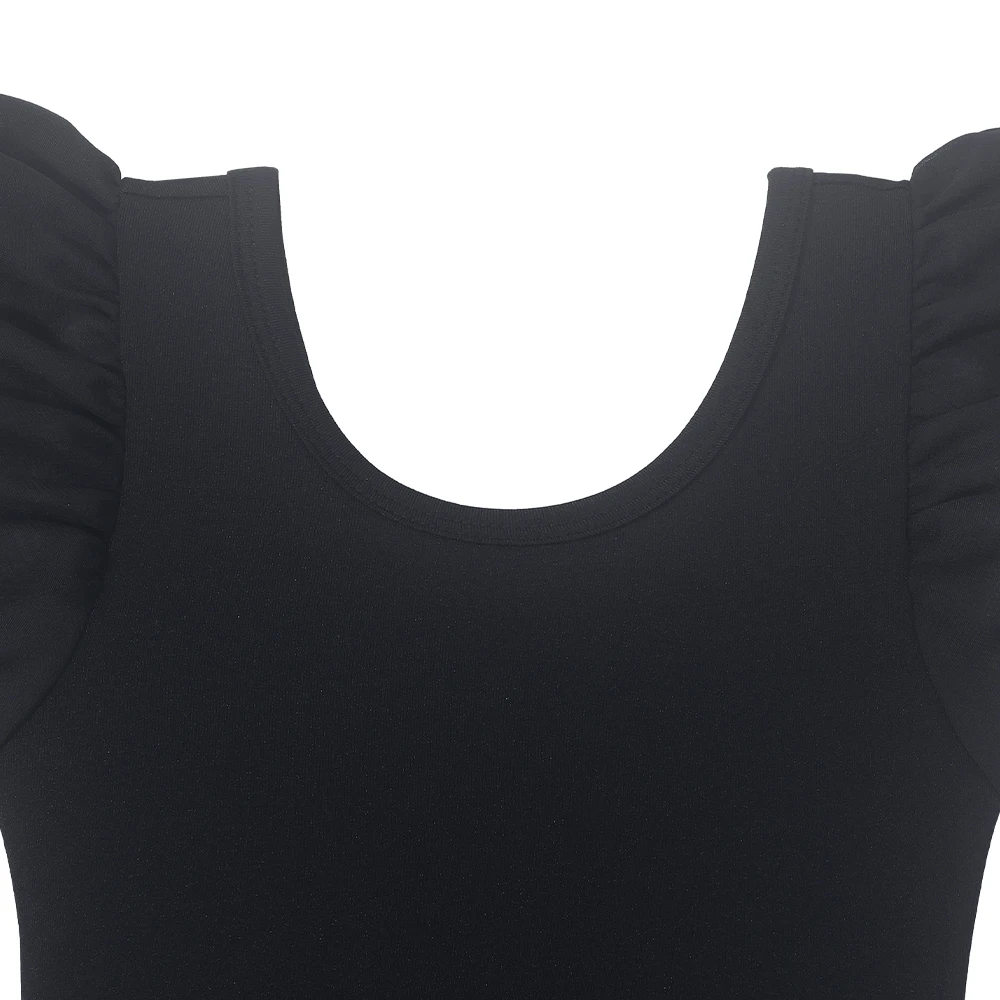 Girls Black Ballet Dance Leotards Ruffle Short Sleeve Gymnastics Outfits Hollow Back Tumbling Bodysuits Practice Costume