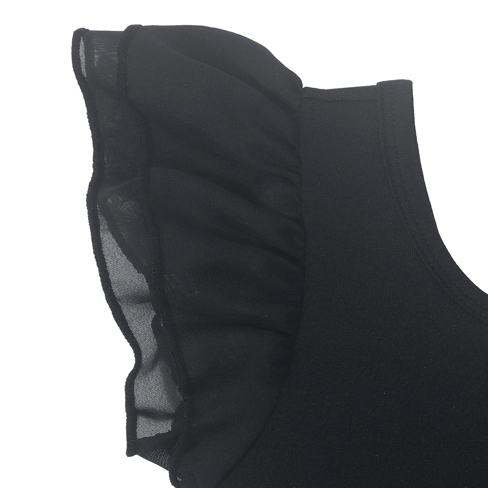 Girls Black Ballet Dance Leotards Ruffle Short Sleeve Gymnastics Outfits Hollow Back Tumbling Bodysuits Practice Costume