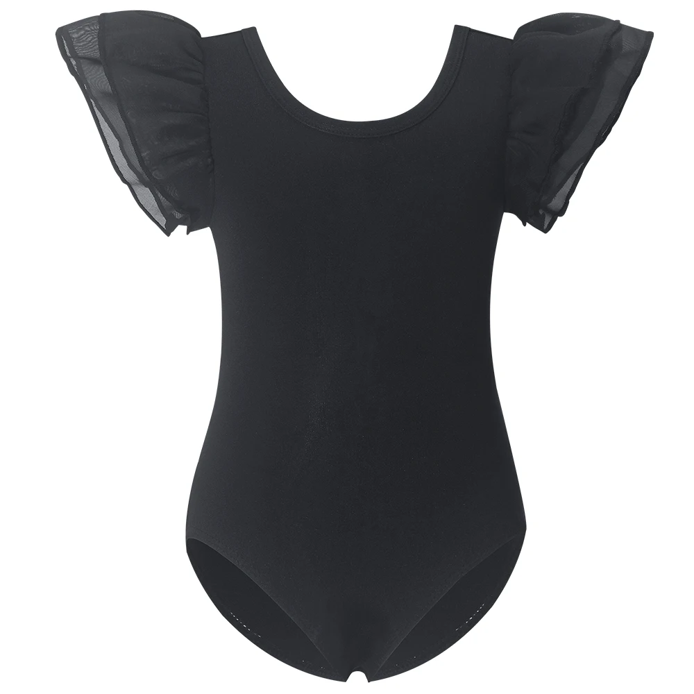 Girls Black Ballet Dance Leotards Ruffle Short Sleeve Gymnastics Outfits Hollow Back Tumbling Bodysuits Practice Costume