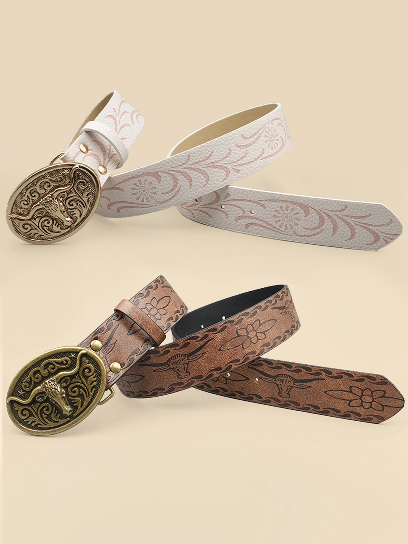 Western Cowboy Style Vintage Casual Belt - Ox Head Carved Buckle & Bohemian Print, Perfect for Daily Commute & Dating Outfits
