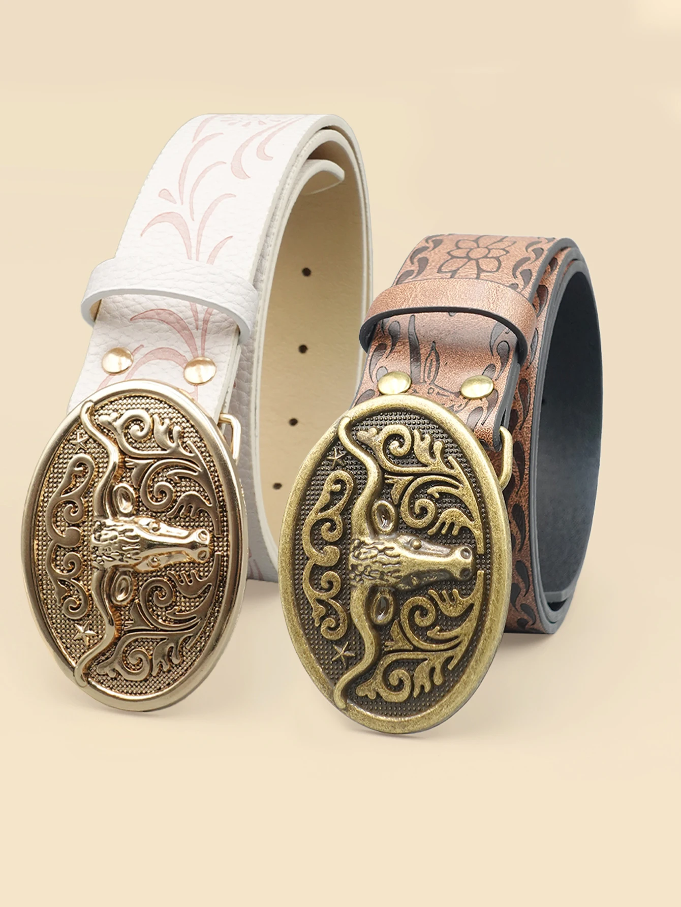 Western Cowboy Style Vintage Casual Belt - Ox Head Carved Buckle & Bohemian Print, Perfect for Daily Commute & Dating Outfits