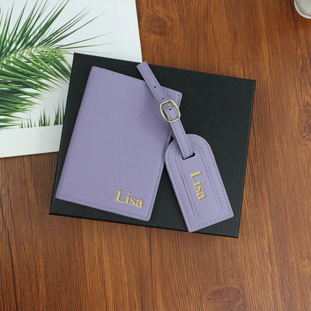 Customized Name Set, Unisex Safiano PU Leather Passport Holder and Luggage Tag Gift Box