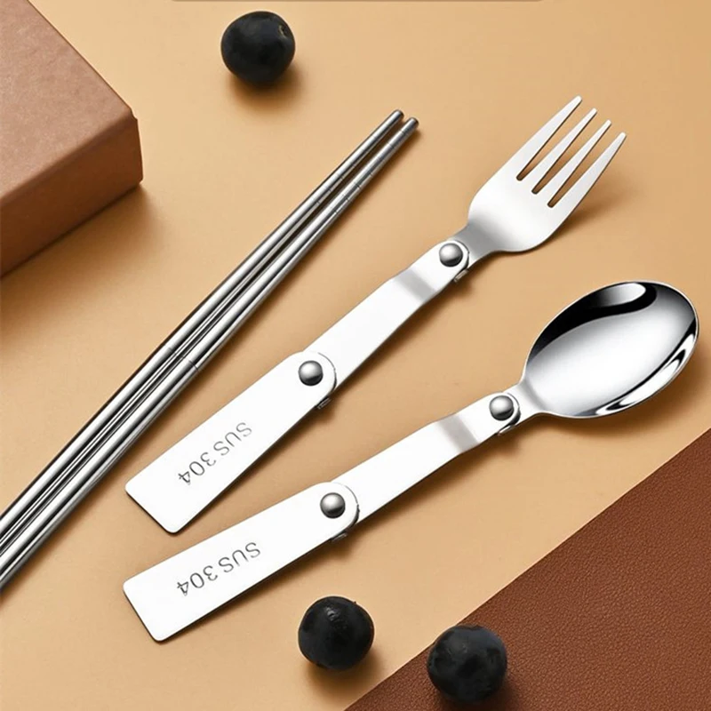 New 1Pc/3Pcs Portable Outdoor Cutleries Stainless Steel Spoon Fork Chopstick For Camping Travel School Use Folding Tablewares