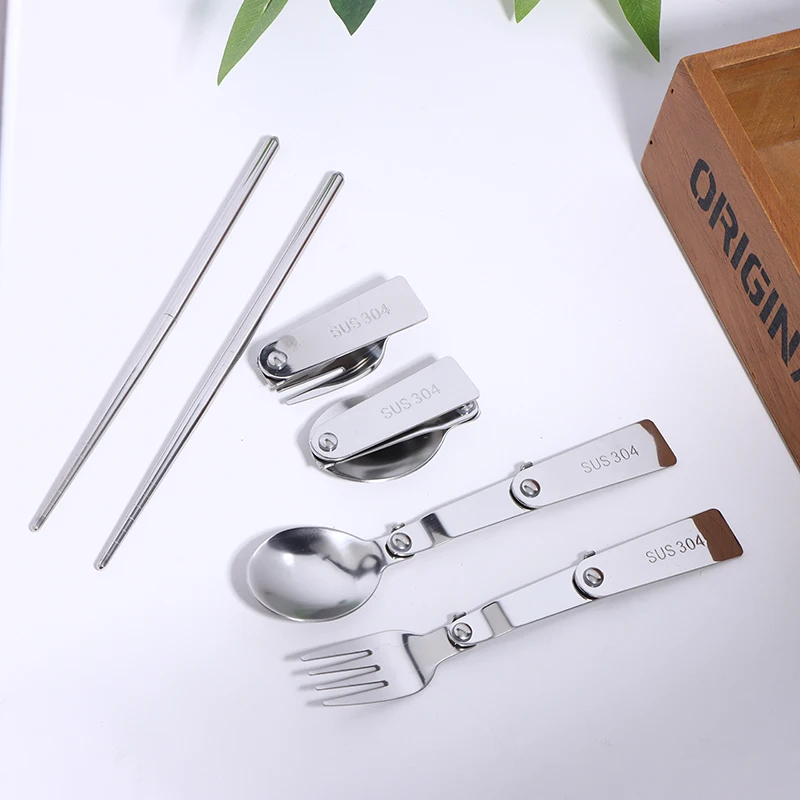 New 1Pc/3Pcs Portable Outdoor Cutleries Stainless Steel Spoon Fork Chopstick For Camping Travel School Use Folding Tablewares