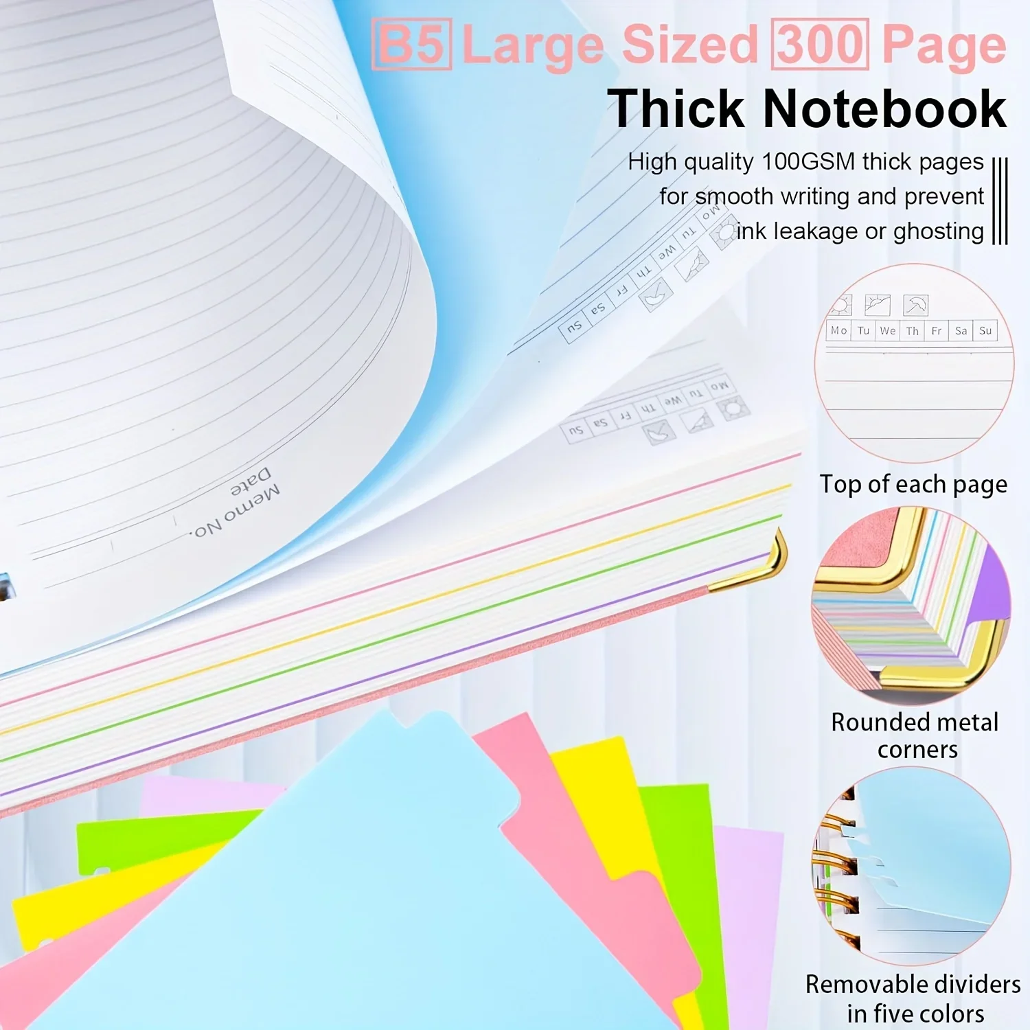 Extra Large Hardcover Spiral Notebook - with Removable Dividers & Tabs, 300 Pages Faux Leather Cover,For School,Office,Planner