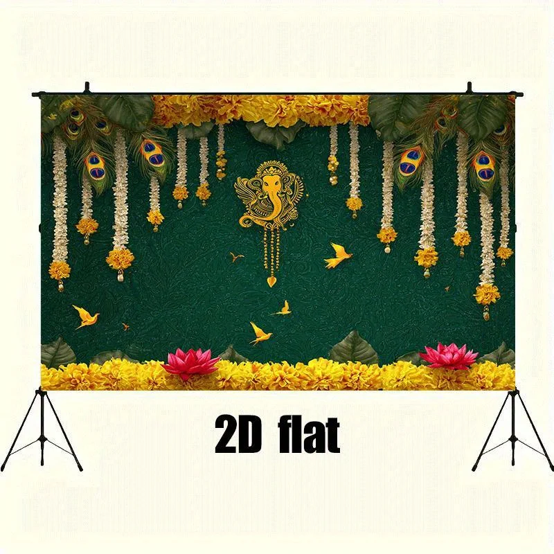 Indian wedding banner decorated with hen feathers and elephant god Ganesha deep green and gold Indian party background cloth