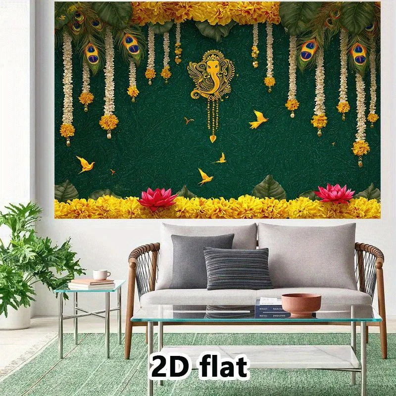 Indian wedding banner decorated with hen feathers and elephant god Ganesha deep green and gold Indian party background cloth
