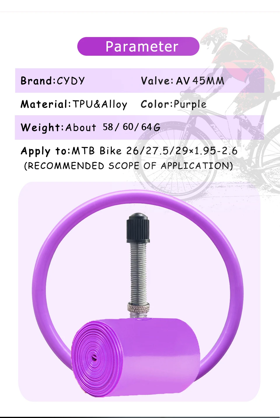 CYDY TPU MTB Bike Inner Tube Camera 29 26 27.5 29x1.95-2.6 Inch Mountain Bicycle Tire AV Schrader Valve Pneu 29er Cycling Tube