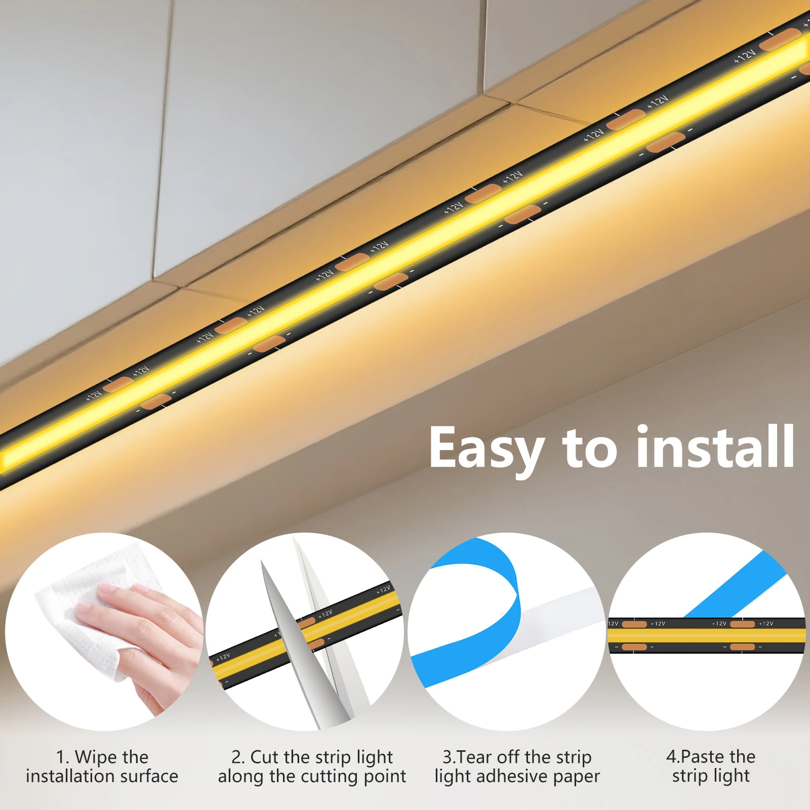 8mm Width COB LED Strip Black PCB DC12V 24V 320LEDs/m 3000K 4500K 6000K High Density Uniform Light CRI 90+ Indoor Decor 1M-20M