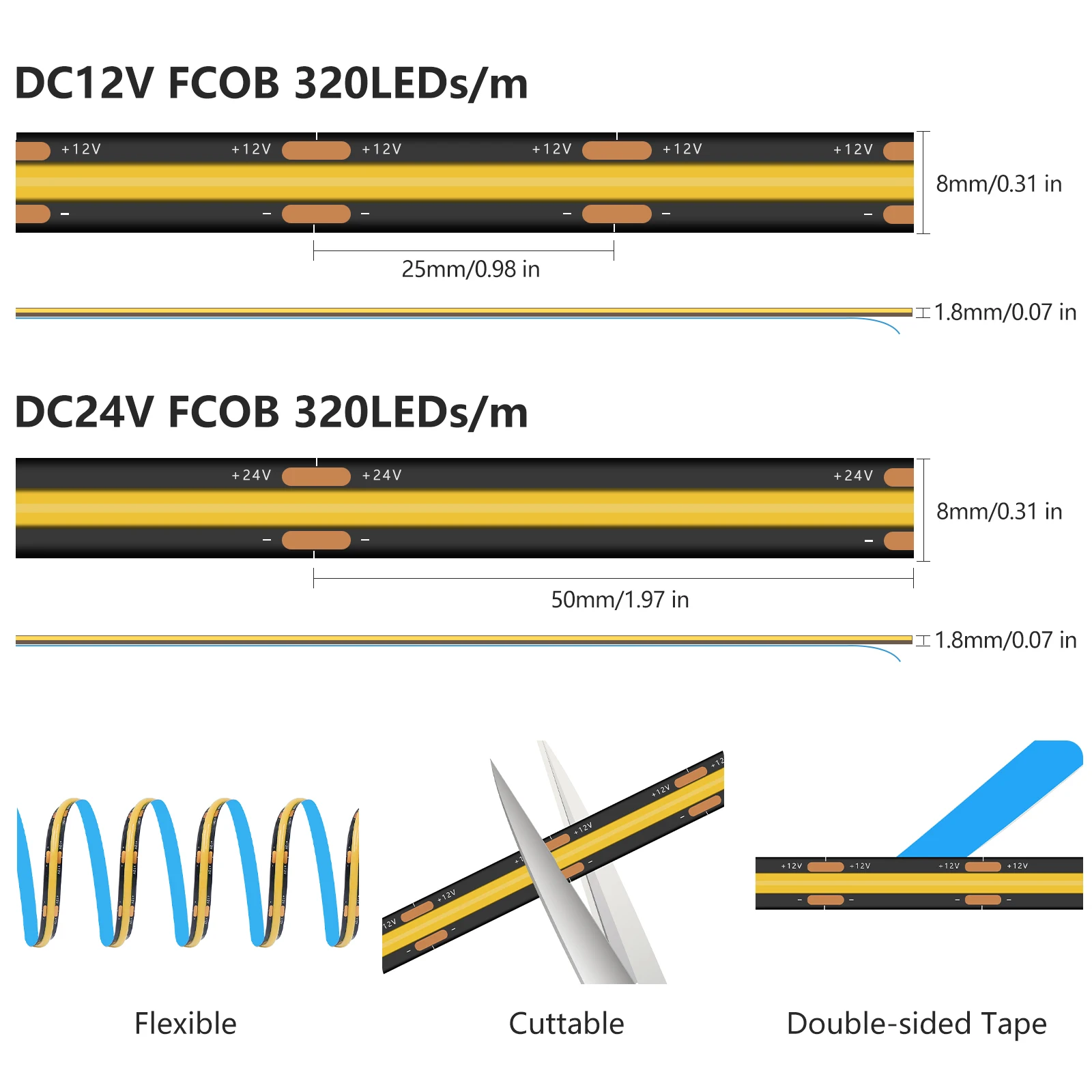 8mm Width COB LED Strip Black PCB DC12V 24V 320LEDs/m 3000K 4500K 6000K High Density Uniform Light CRI 90+ Indoor Decor 1M-20M
