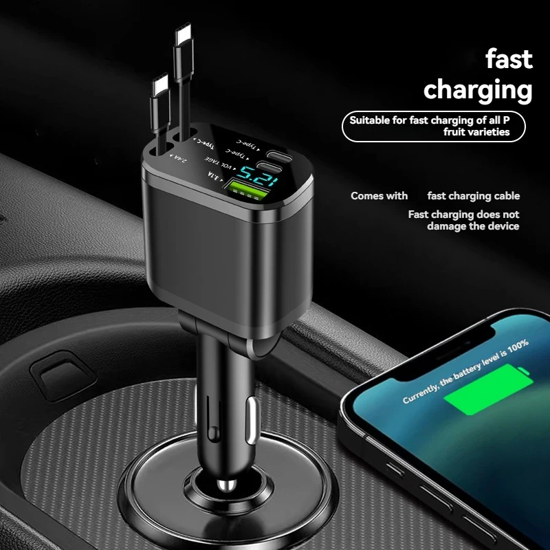 Elough Retractable Car Charger 5 in 1 Fast Charging Car Charger Retractable Cable 2 type c Ports Car Charger Adapter Compatible