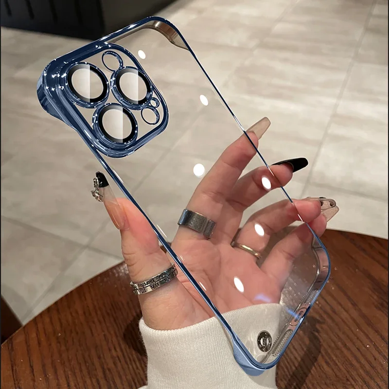 Luxury Plating Frameless Transparent Case for iPhone 17 16 15 14 13 12 Pro Max Plus Glass Camera Protection Ultra Thin Hard PC
