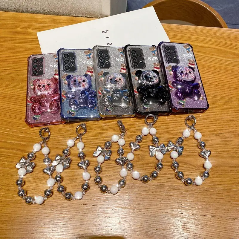 Luxury Jewelry Glitter Scarf Bear Phone Holder Case For Samsung Galaxy A13 A14 A15 A16 A24 A25 A34 A35 A36 A54 A55 A12 A22 4G 5G