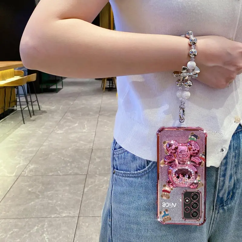Luxury Jewelry Glitter Scarf Bear Phone Holder Case For Samsung Galaxy A13 A14 A15 A16 A24 A25 A34 A35 A36 A54 A55 A12 A22 4G 5G