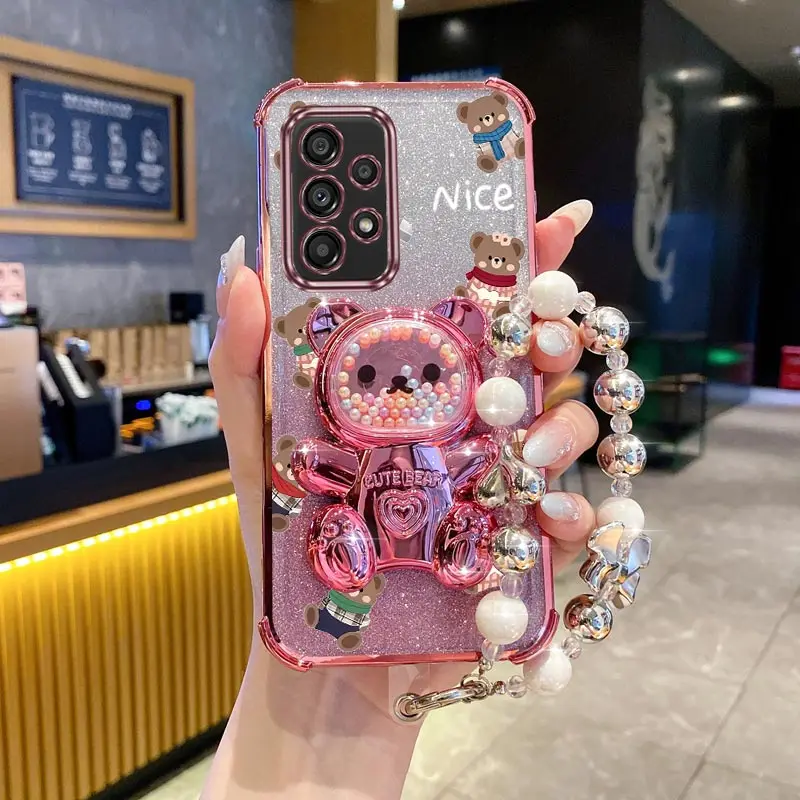 Luxury Jewelry Glitter Scarf Bear Phone Holder Case For Samsung Galaxy A13 A14 A15 A16 A24 A25 A34 A35 A36 A54 A55 A12 A22 4G 5G