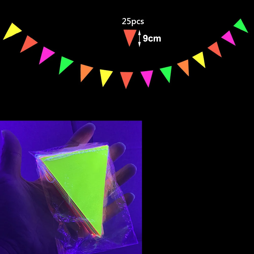 Neon Birthday Paper Garland Decorations Glow in the Dark Party Triangle Flags Bunting Black Light Reactive UV Banner Supplies