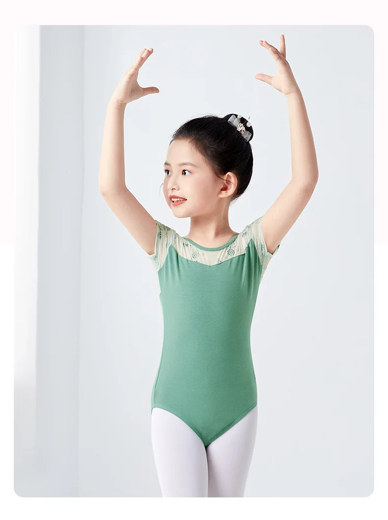 Girls Ballet Leotard Short Sleeve Dance Wear with Embroidery, Kids Dance Practice Gymnastics Outfit