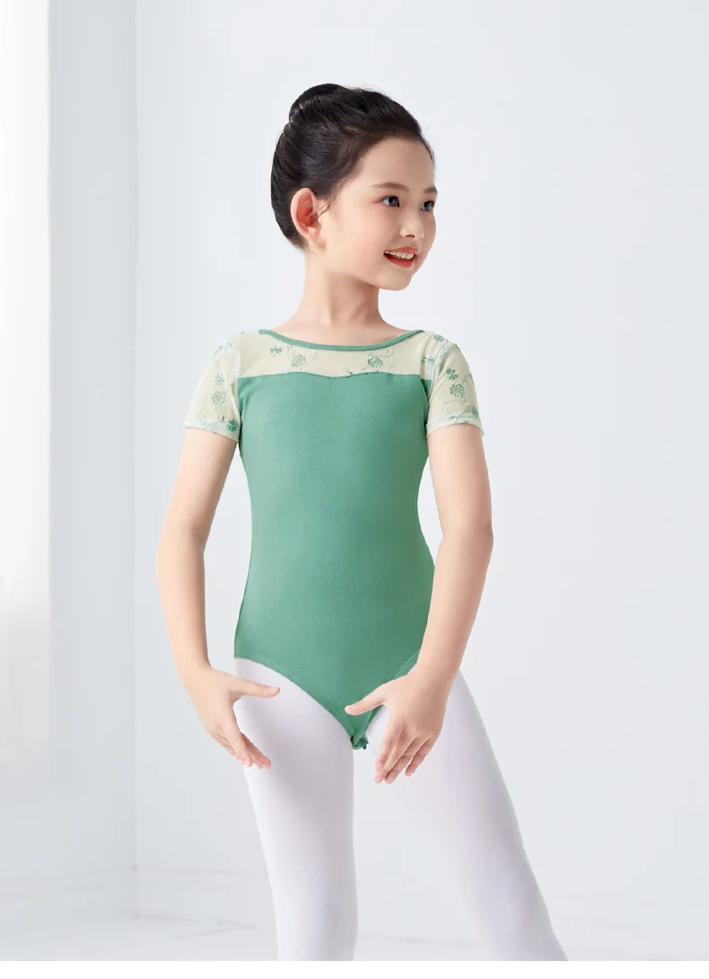 Girls Ballet Leotard Short Sleeve Dance Wear with Embroidery, Kids Dance Practice Gymnastics Outfit
