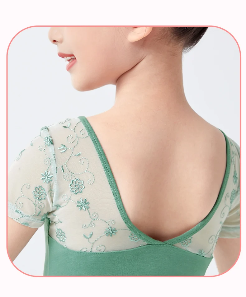 Girls Ballet Leotard Short Sleeve Dance Wear with Embroidery, Kids Dance Practice Gymnastics Outfit