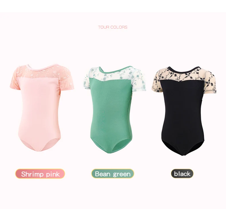 Girls Ballet Leotard Short Sleeve Dance Wear with Embroidery, Kids Dance Practice Gymnastics Outfit