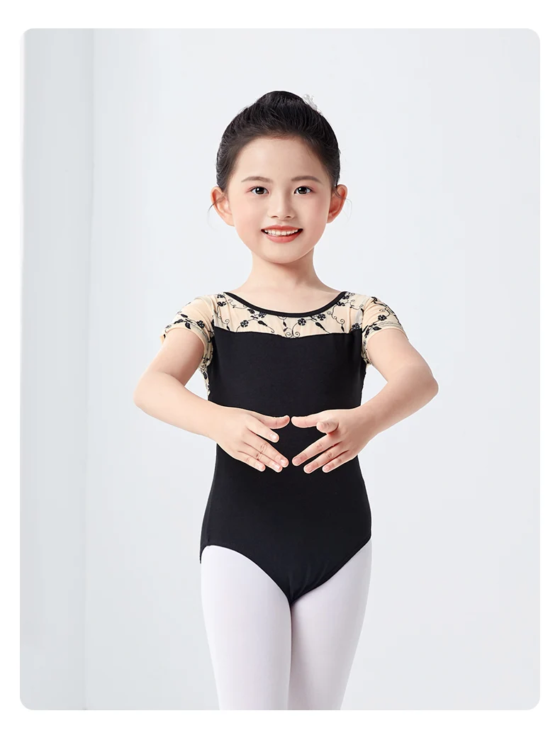 Girls Ballet Leotard Short Sleeve Dance Wear with Embroidery, Kids Dance Practice Gymnastics Outfit