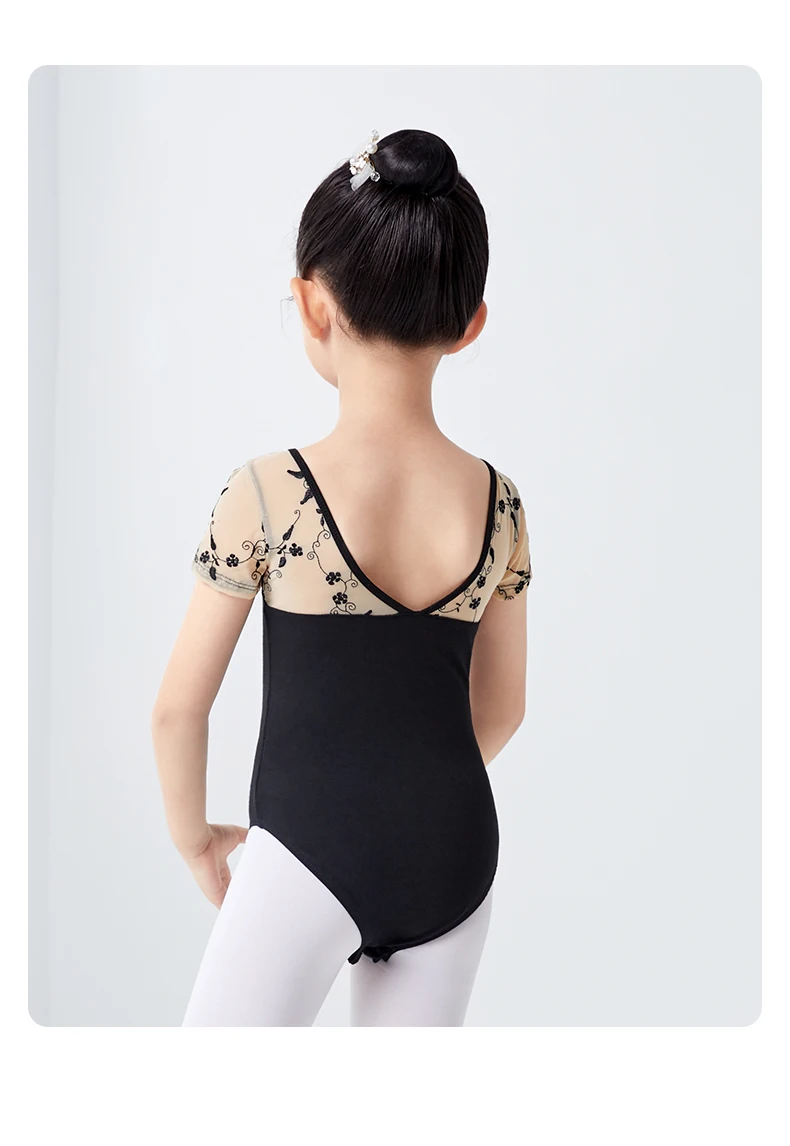 Girls Ballet Leotard Short Sleeve Dance Wear with Embroidery, Kids Dance Practice Gymnastics Outfit
