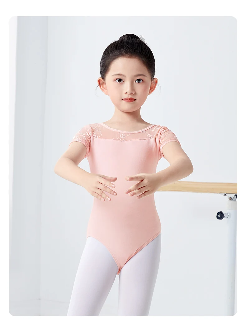 Girls Ballet Leotard Short Sleeve Dance Wear with Embroidery, Kids Dance Practice Gymnastics Outfit