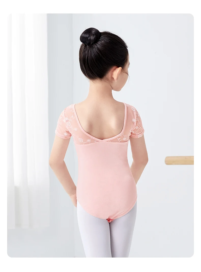 Girls Ballet Leotard Short Sleeve Dance Wear with Embroidery, Kids Dance Practice Gymnastics Outfit